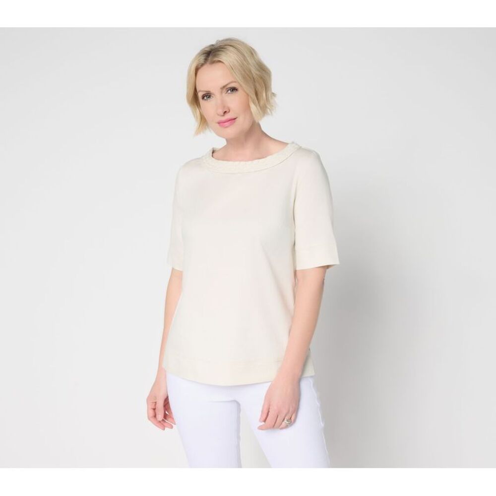 Susan Graver Women's Top Sz L Chambray Bateau Neck White